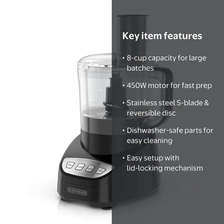 BLACK+DECKER Food Processor, 8-Cup, 450W, Stainless Steel Blades