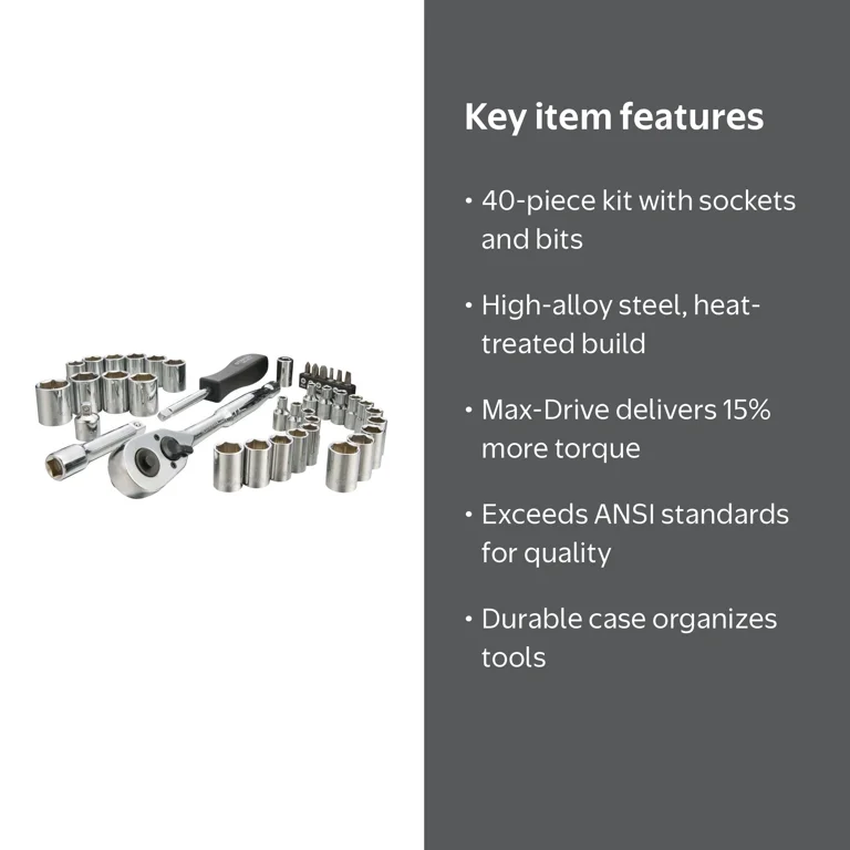 STANLEY, Mechanics Tool Set, 40-Piece, Chrome, High-Alloy Steel