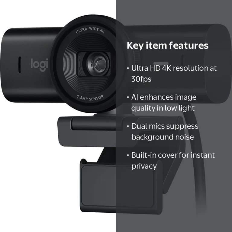 Logitech MX Brio Ultra HD 4K Webcam, 1080p at 60 FPS, Dual Mics