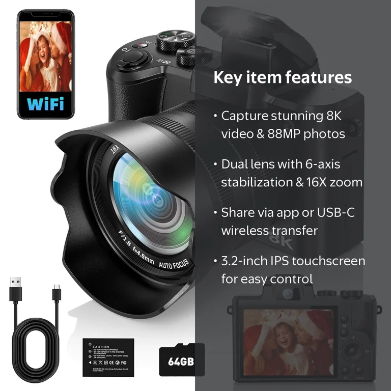 Zostuic, 8K 88MP Digital Camera, WiFi 16X Zoom Touch Screen Black