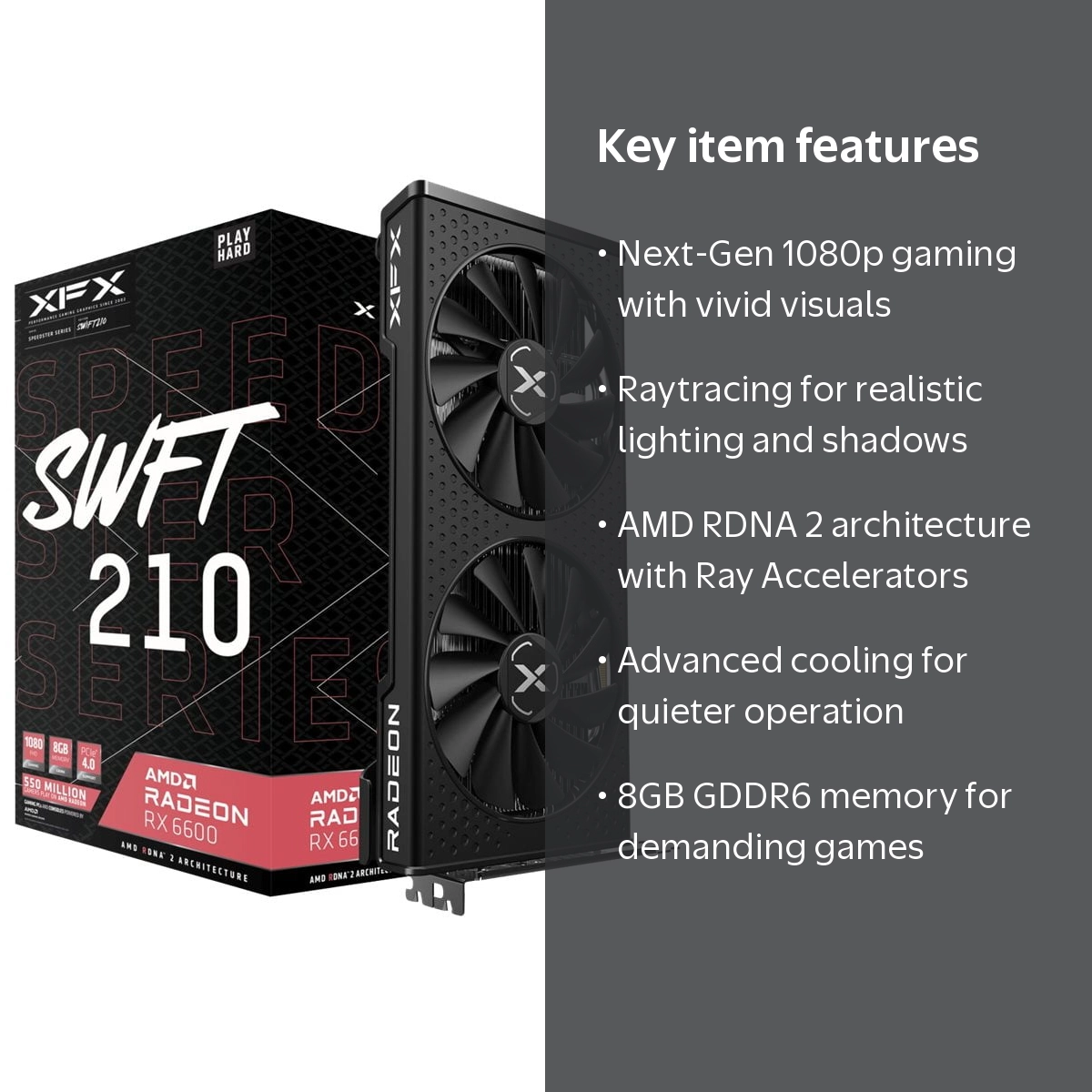XFX, AMD Radeon RX 6600 Graphics Card, 8 GB GDDR6, 1080p Gaming
