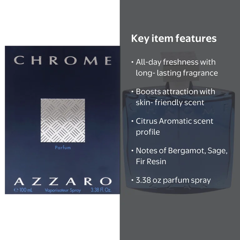 Azzaro Chrome, 3.38 oz Parfum Spray, Citrus Aromatic Fragrance for