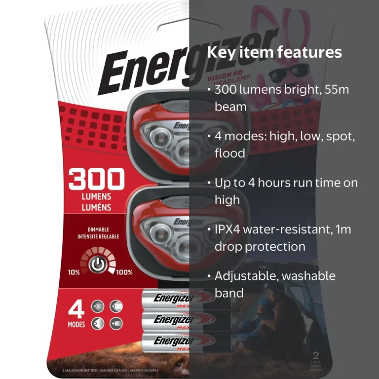 Energizer, Headlamp, Vision HD LED Headlamp, 2 Pack, 300 Lumens