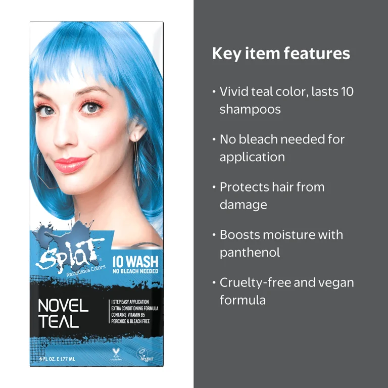 Splat 10 Wash Novel Teal Hair Color, No Bleach Temporary Blue Dye