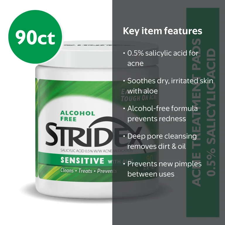 Stridex Medicated Acne Pads for Sensitive Skin, Alcohol-Free, 90
