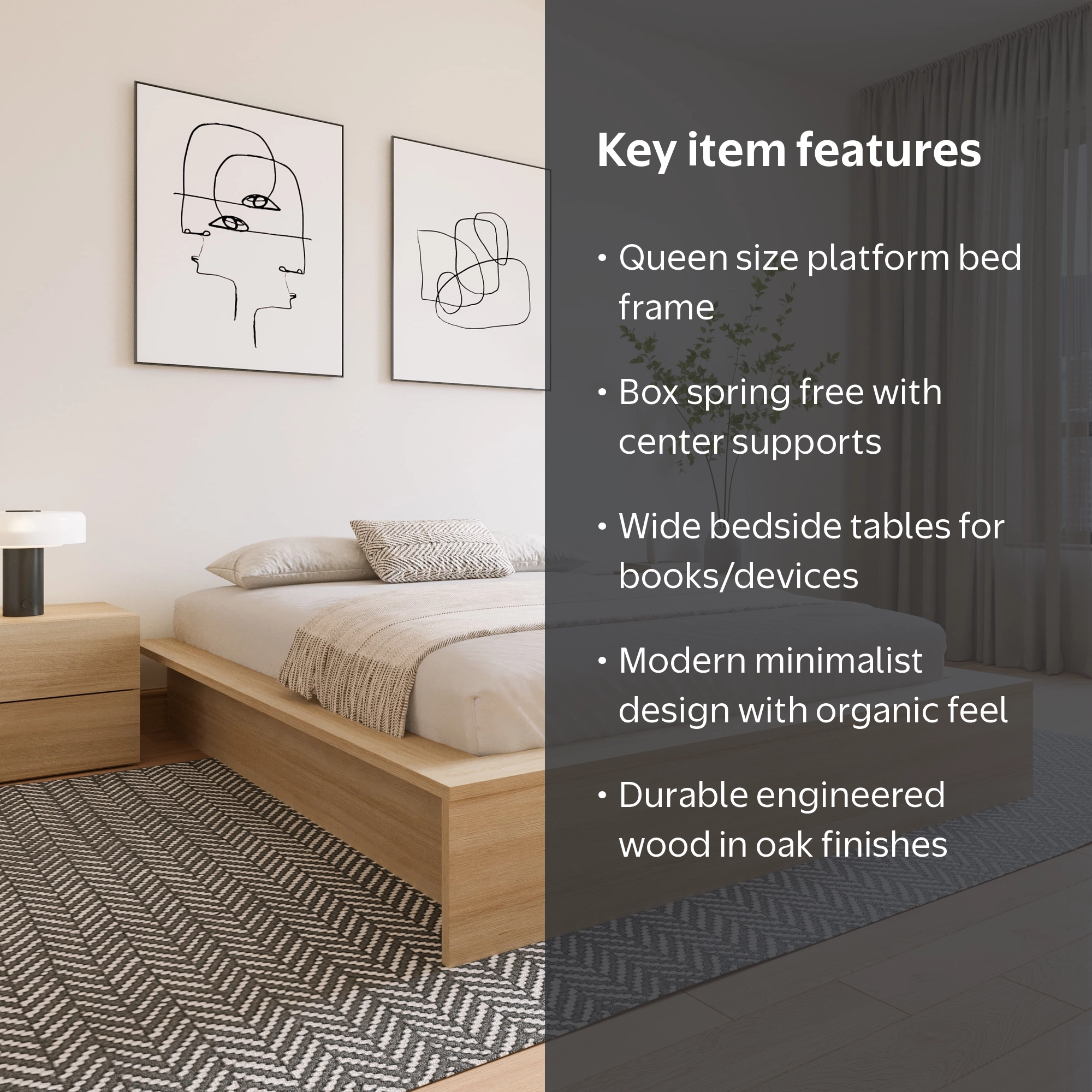 Nexera James Queen Size Platform Wood Bed Frame, Natural Blonde