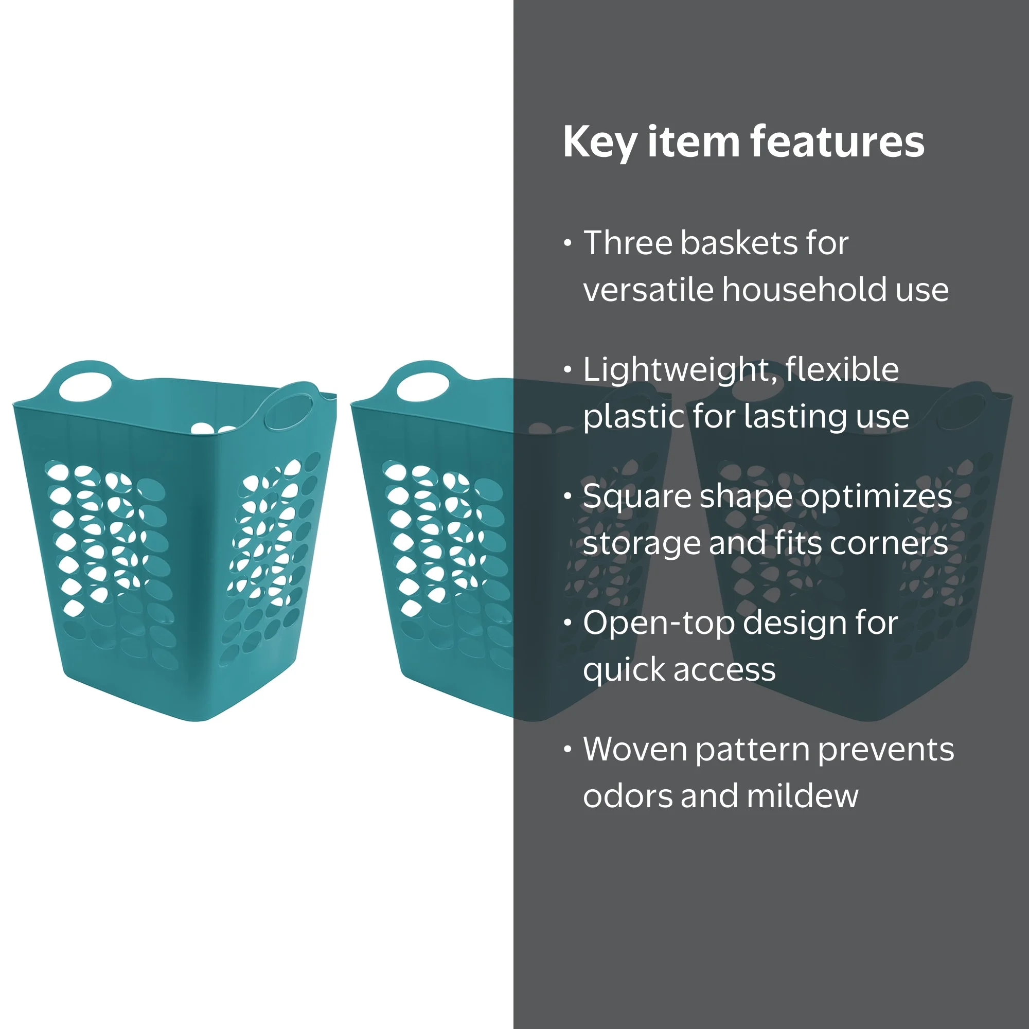Mainstays Flexible Square Plastic Laundry Hamper, 3 Pack