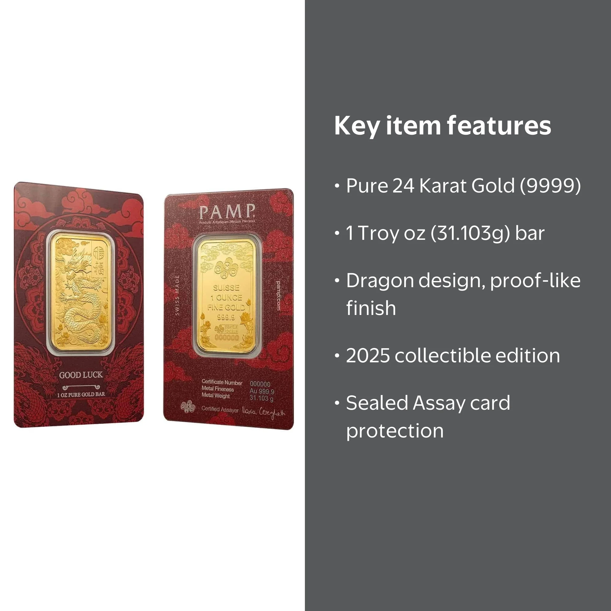 1 oz PAMP Suisse Good Luck Yellow Dragon Gold Bar .9999 Fine (in