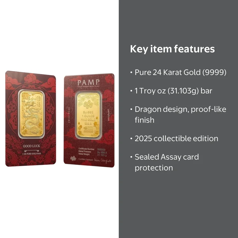 1 oz PAMP Suisse Good Luck Yellow Dragon Gold Bar .9999 Fine (in