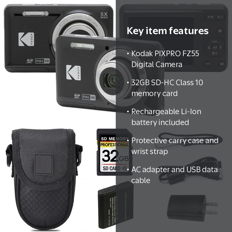 Kodak, Digital Camera, FZ55, Black, with Case + 32GB Memory Card
