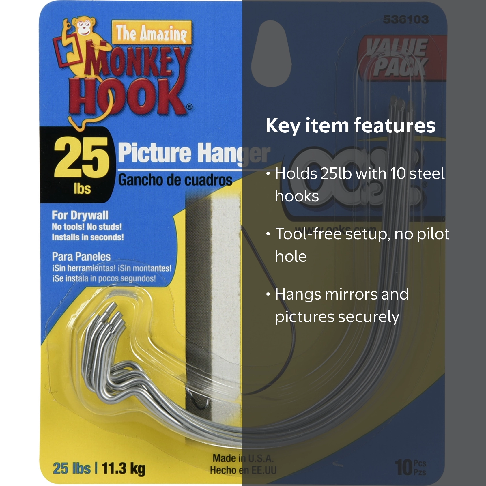 OOK 536103 Monkey Hook Picture Hangers, Drywall, Tool Free (25lb