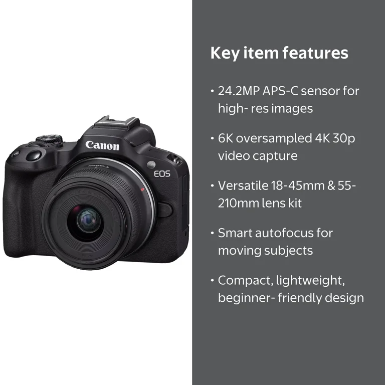 Canon EOS R50 Mirrorless Camera, 24.2 MP, 18-45mm Lens, Digital