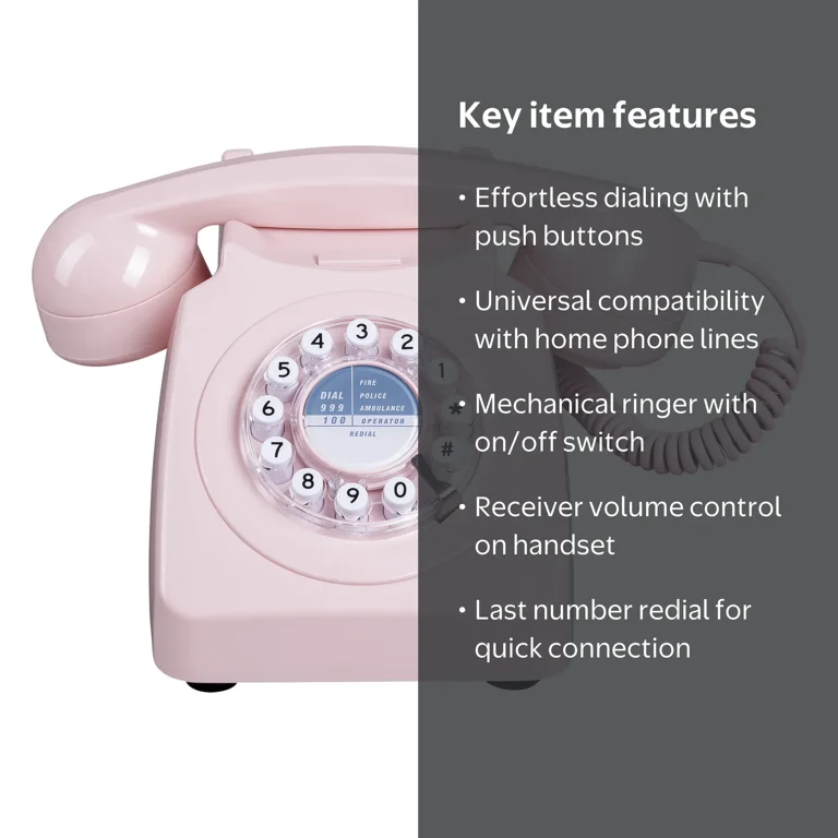 Wild Wood 746 Rotary Design Retro Landline Telephone, Light Pink