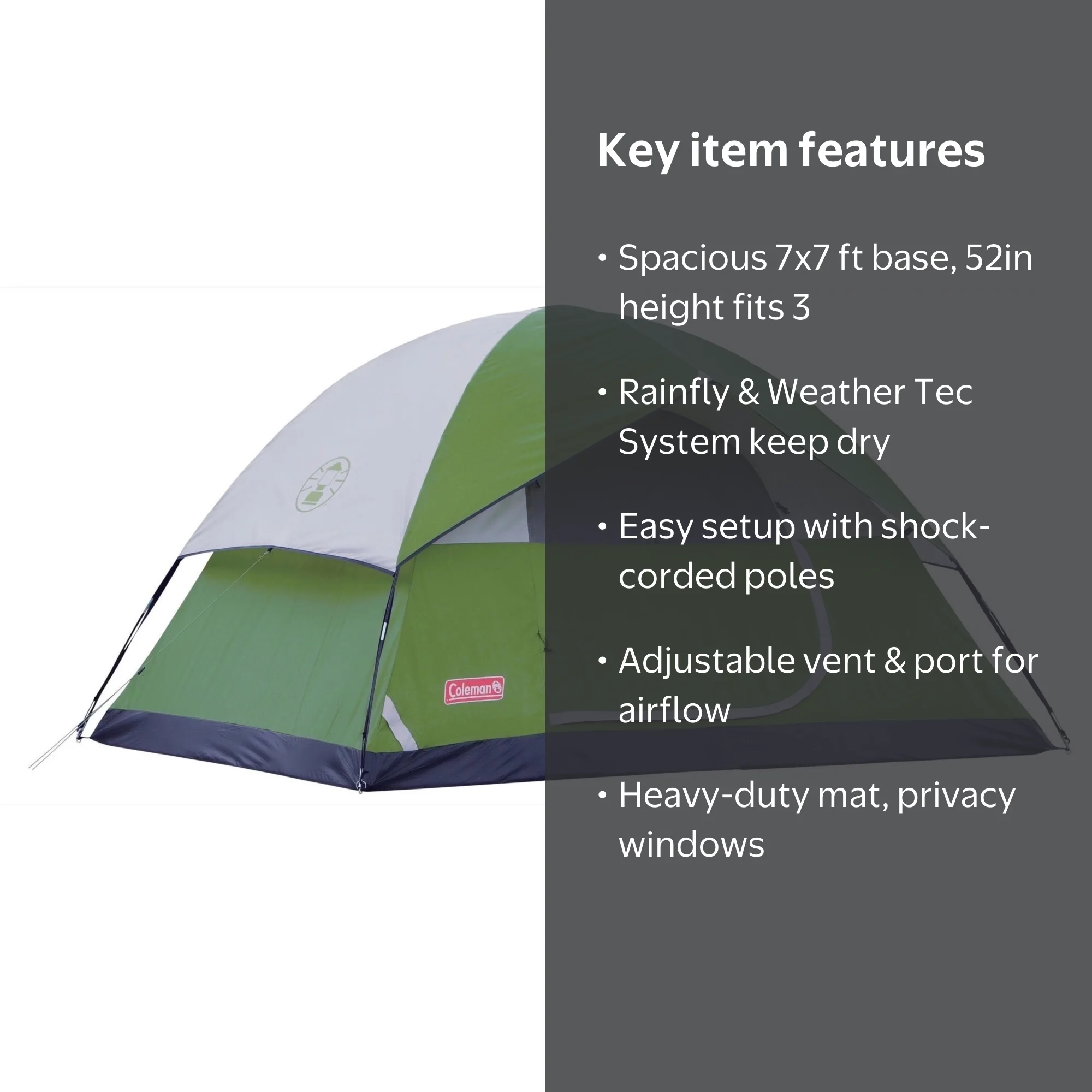 Coleman 3-Person Dome Tent, SunDome, 7'x7', Mesh Vent, Rainfly, 1