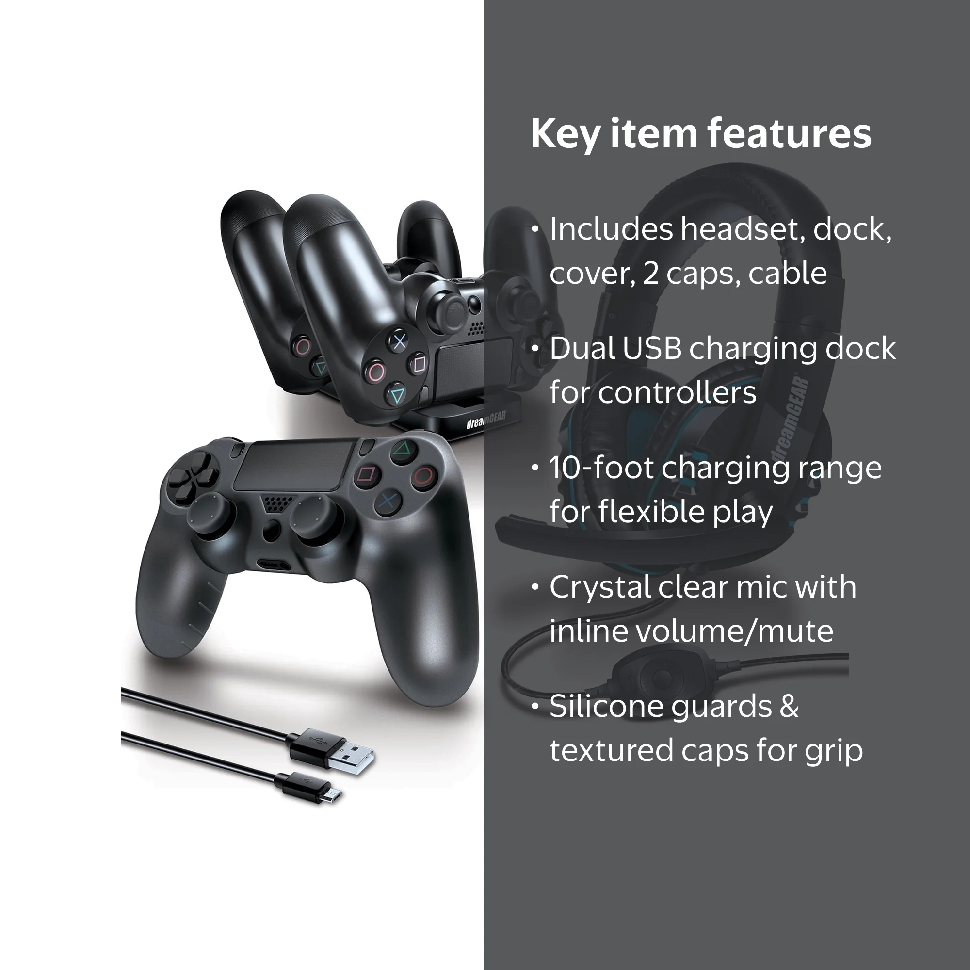 dreamGEAR PS4 Gamer's Kit - Headset, Dual Charging Dock, USB Cable