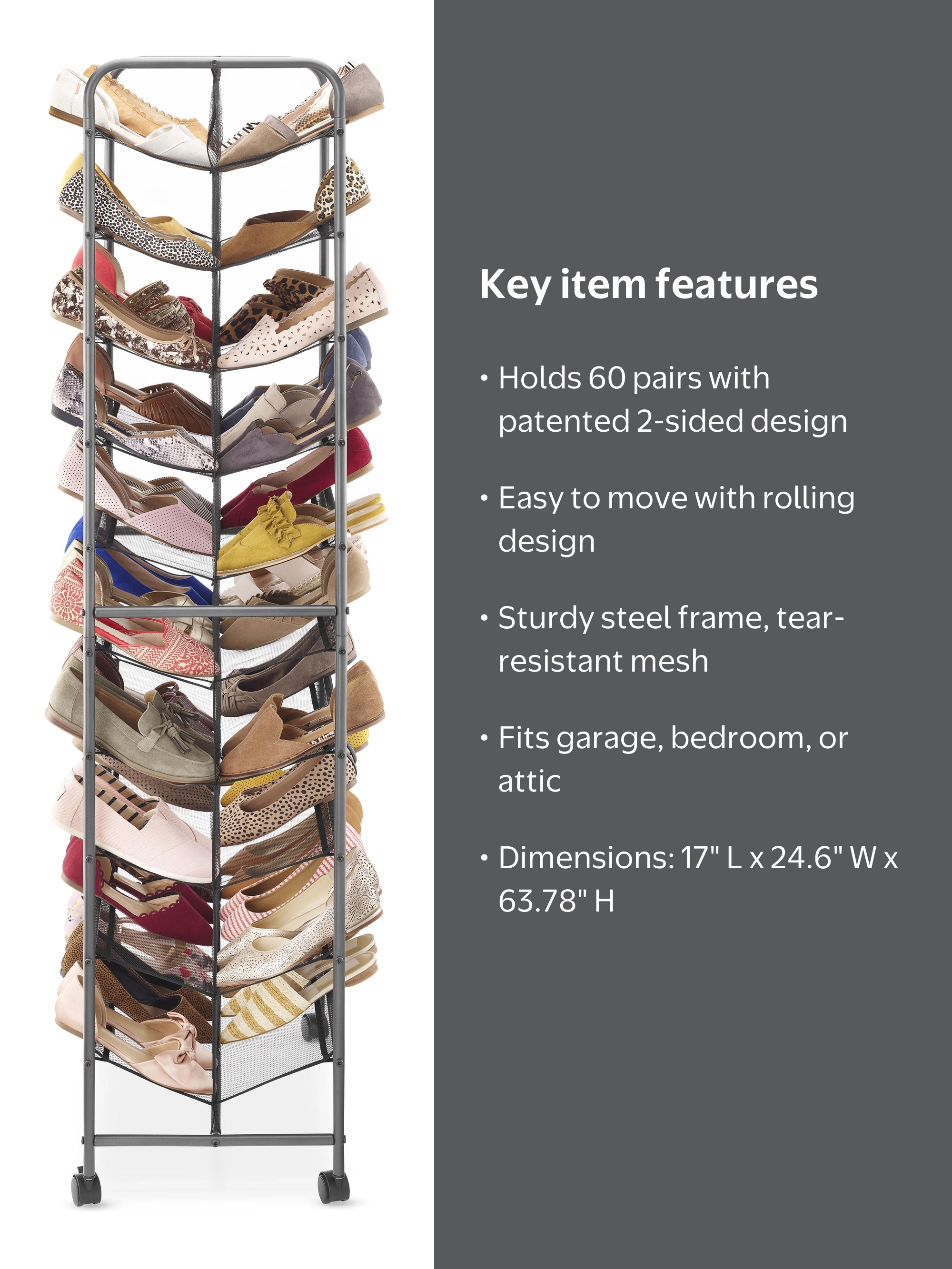 Whitmor 20-Tier Metal Rolling Shoe Rack, 2-Sided Closet Shoe Cart