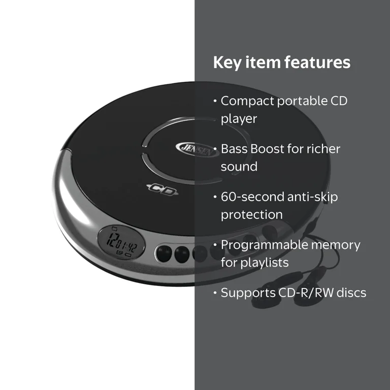 Jensen CD-60C Compact Portable CD Player with Bass Boost, Small