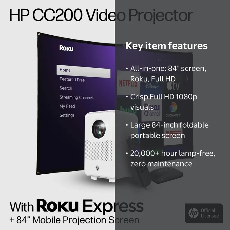HP CC200 FHD LCD LED Projector with Roku Express HD Streaming