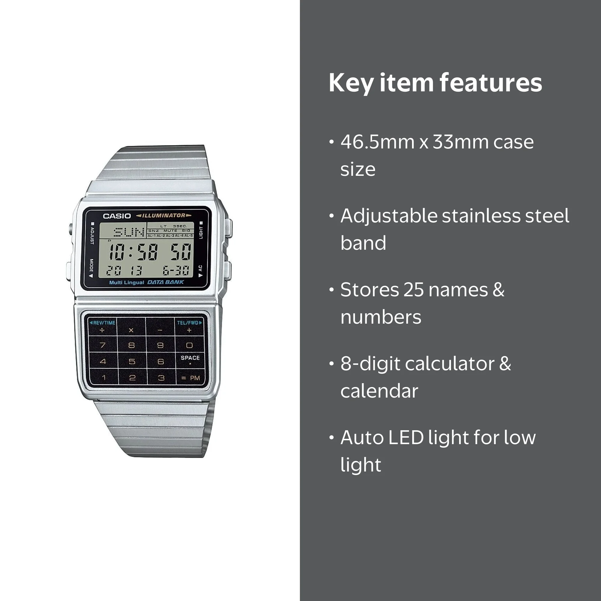 Casio, Vintage Calculator Watch, DBC611-1VT, Stainless Steel