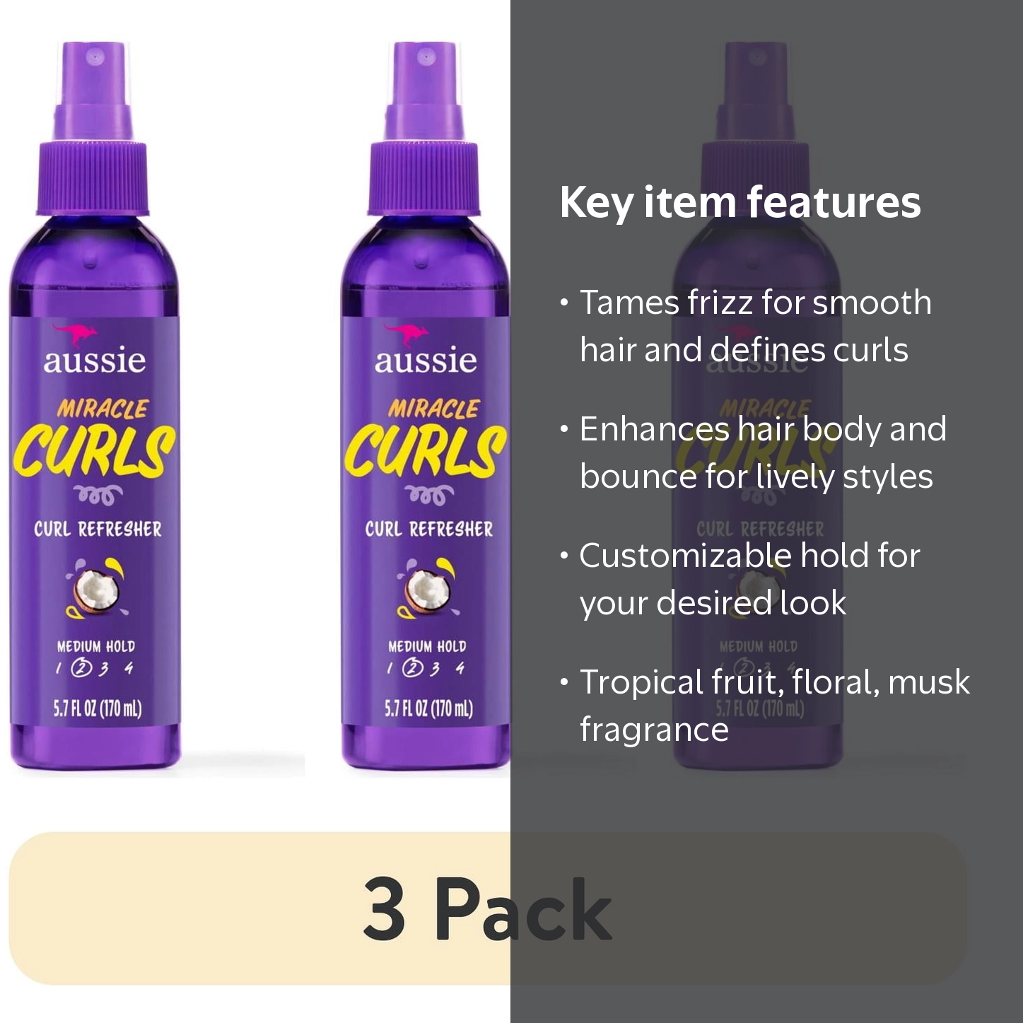 3 pack) Aussie Miracle Curls Curl Refresher Spray for Frizzy Hair