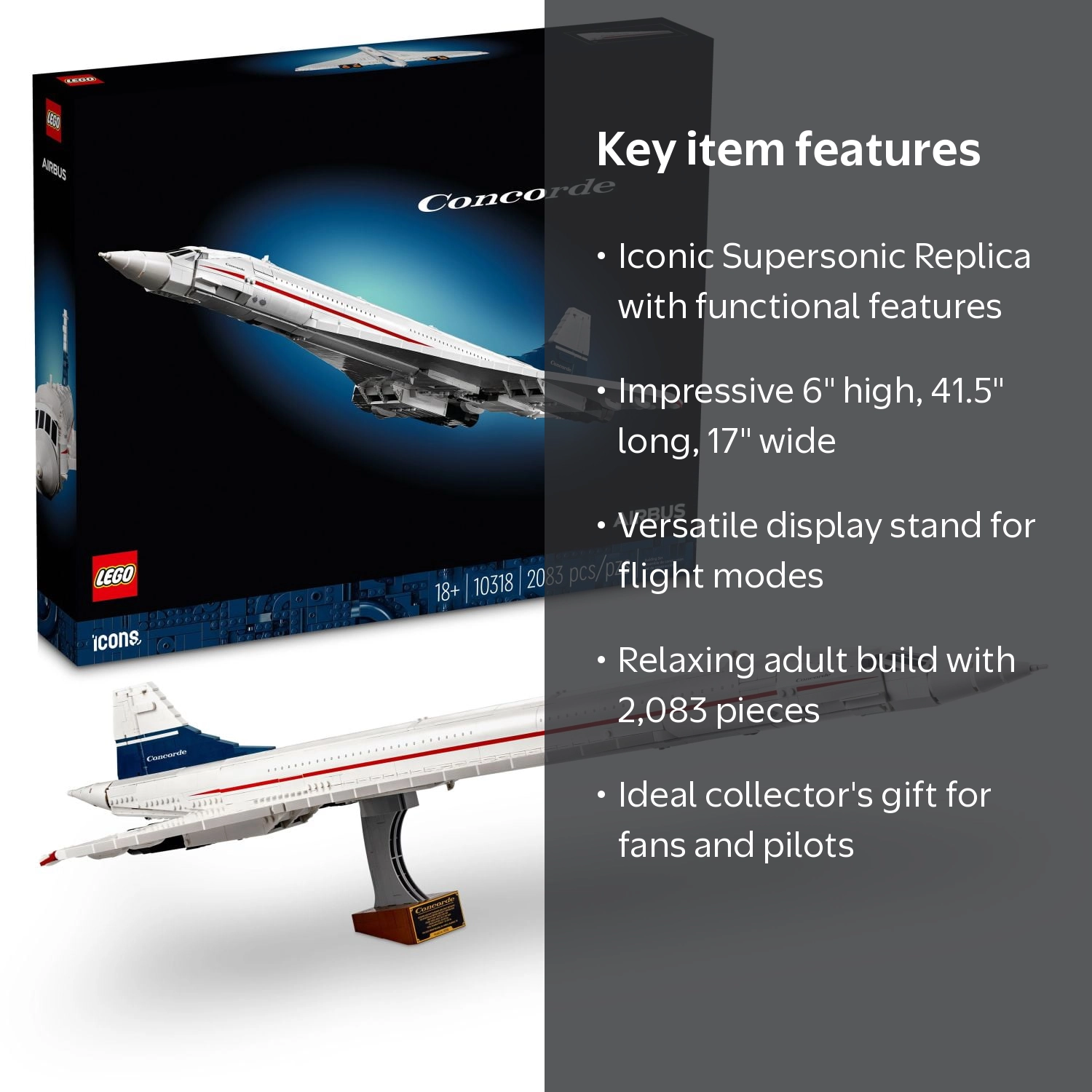 LEGO Icons Concorde Replica Model Aircraft Set Kit, Gift for