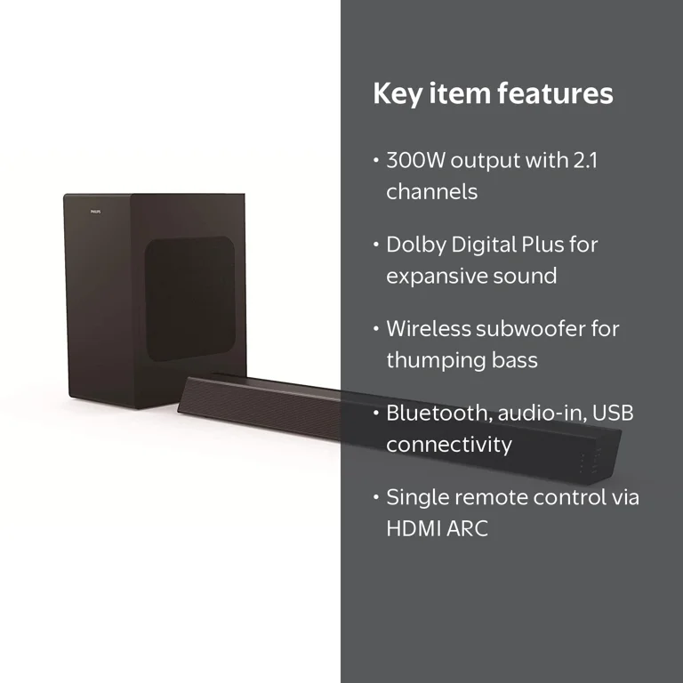 Philips, Soundbar with Wireless Subwoofer, 2.1 Dolby Digital, 300W