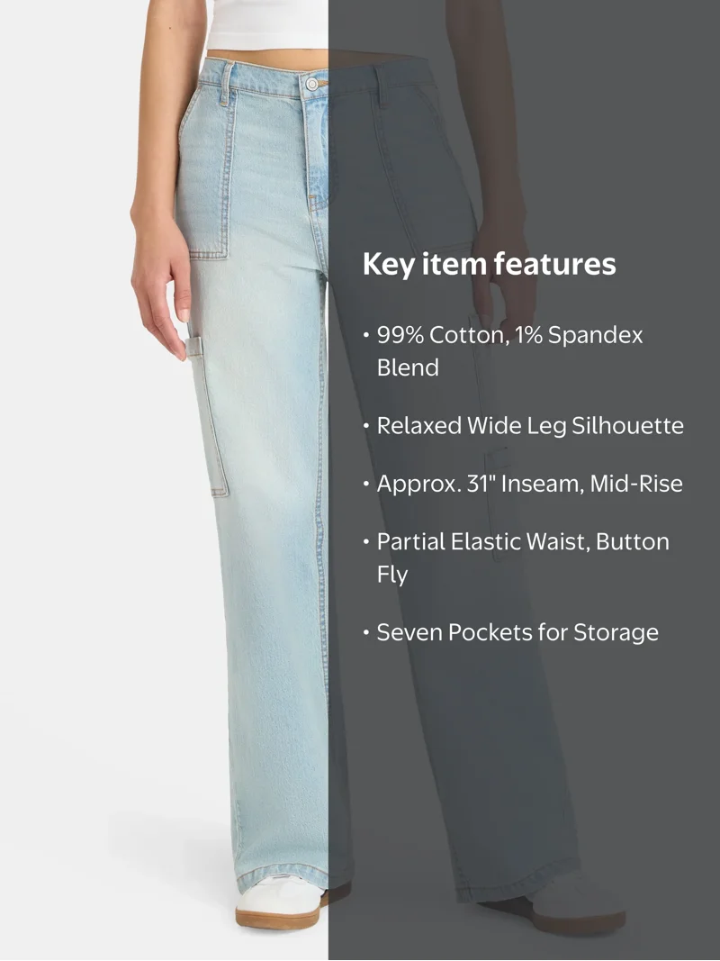 No Boundaries Wide Leg Cargo Pants, 31'' Inseam, Women's and