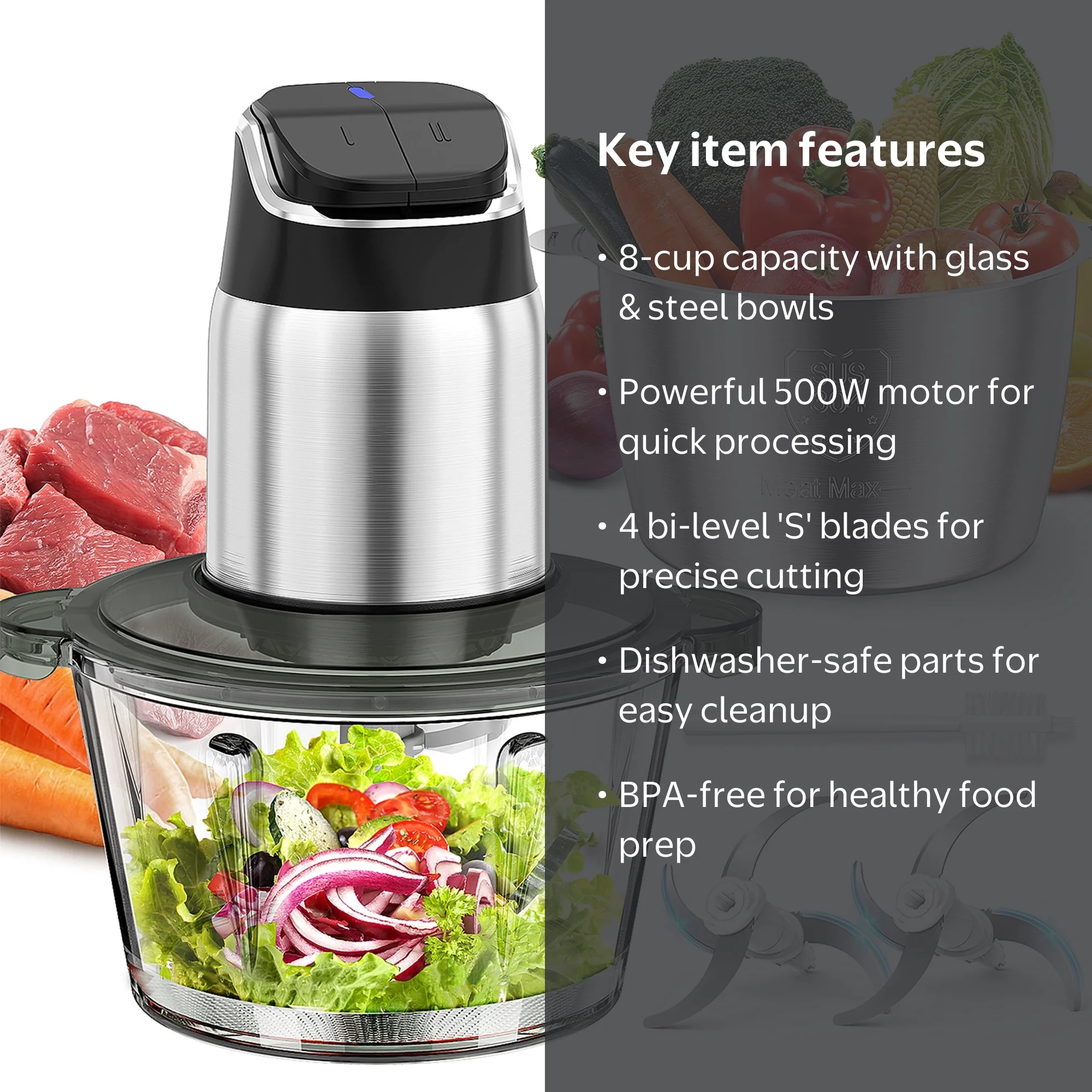 Ganiza Food Processor, 8 Cup, 2-Speed Mini Food Chopper, Meat