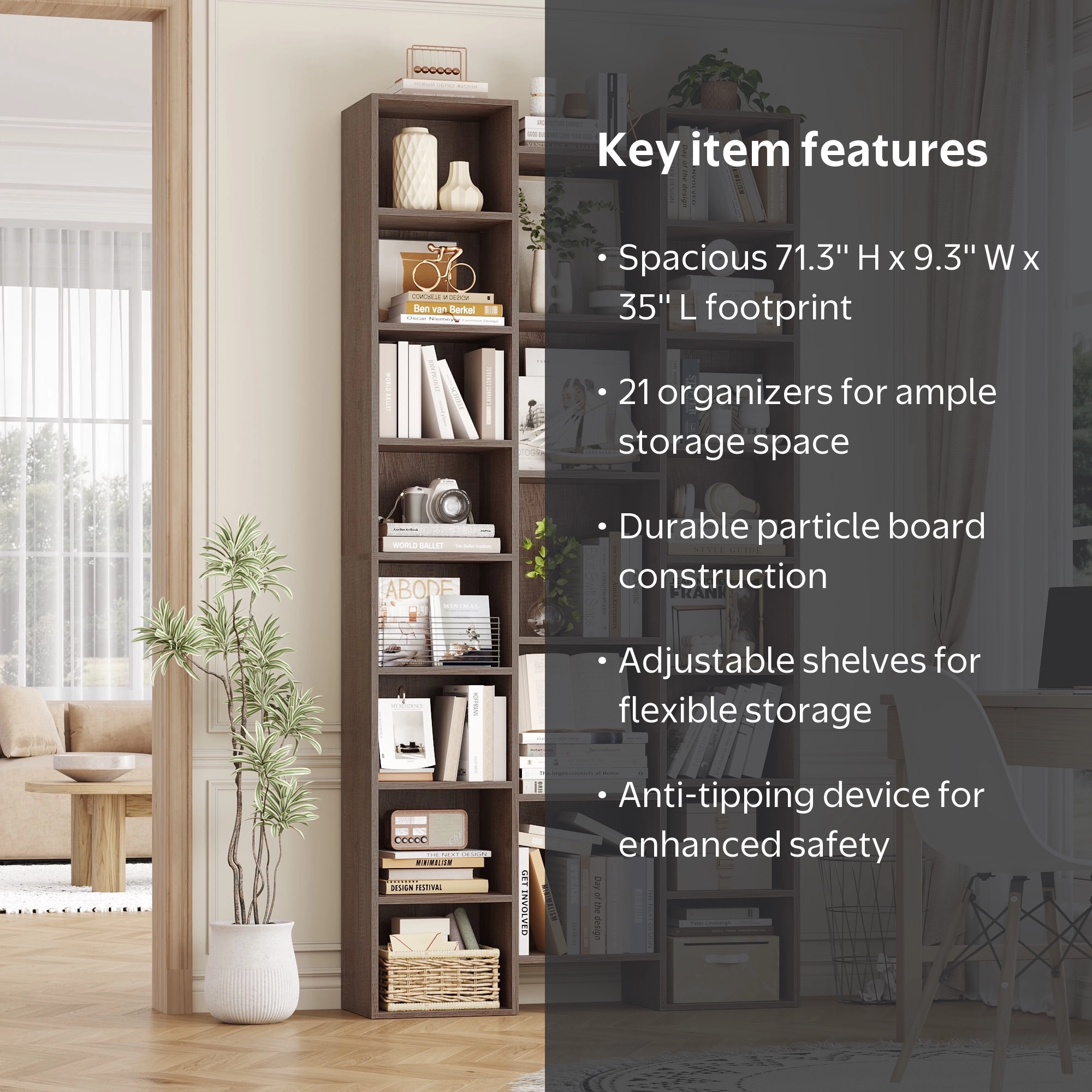 Homfa, Bookcase, 71.3'' H x 9.3'' W x 35'' L, Brown - Walmart.com