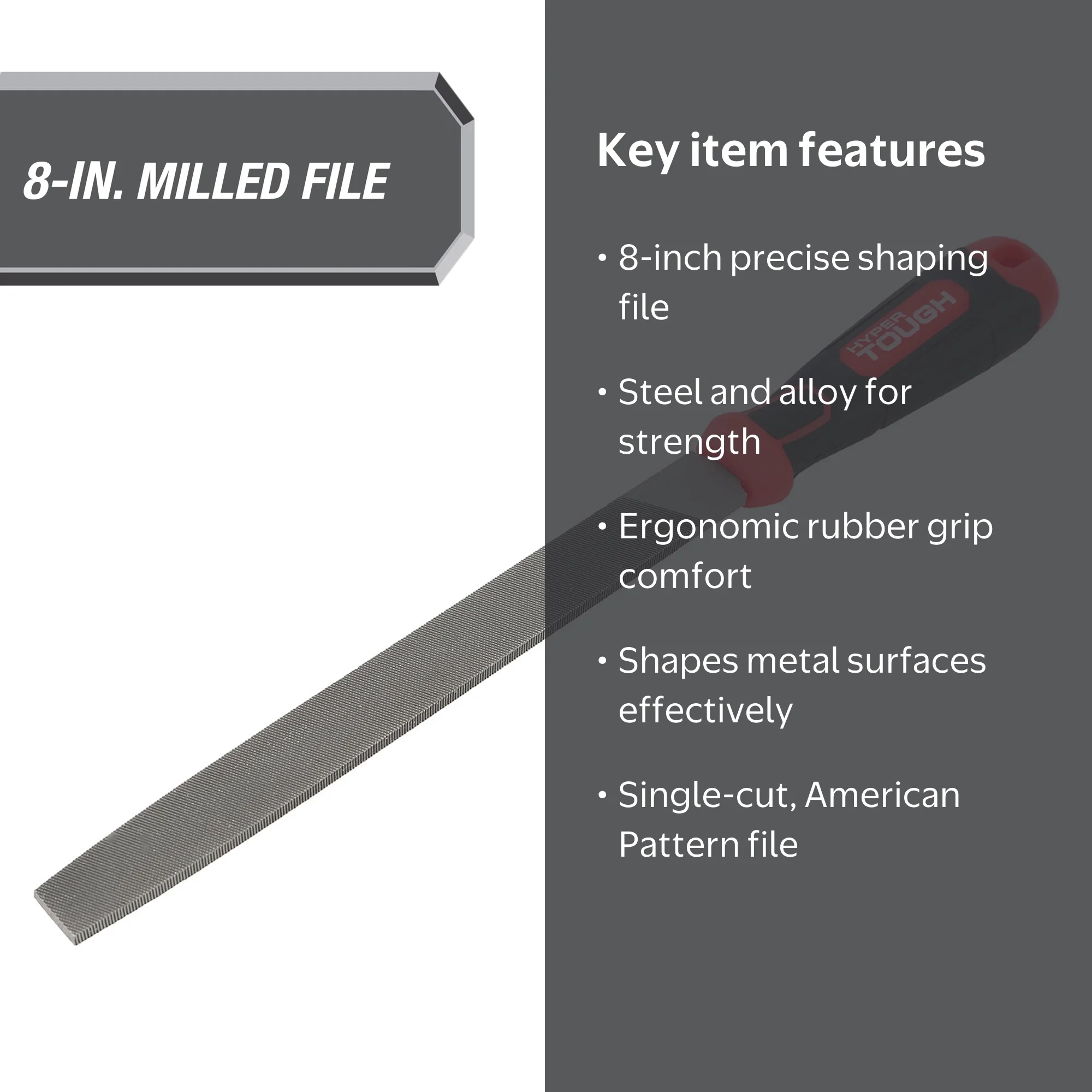Hyper Tough 8-Inch Steel Mill File with Ergonomic Soft Grip for
