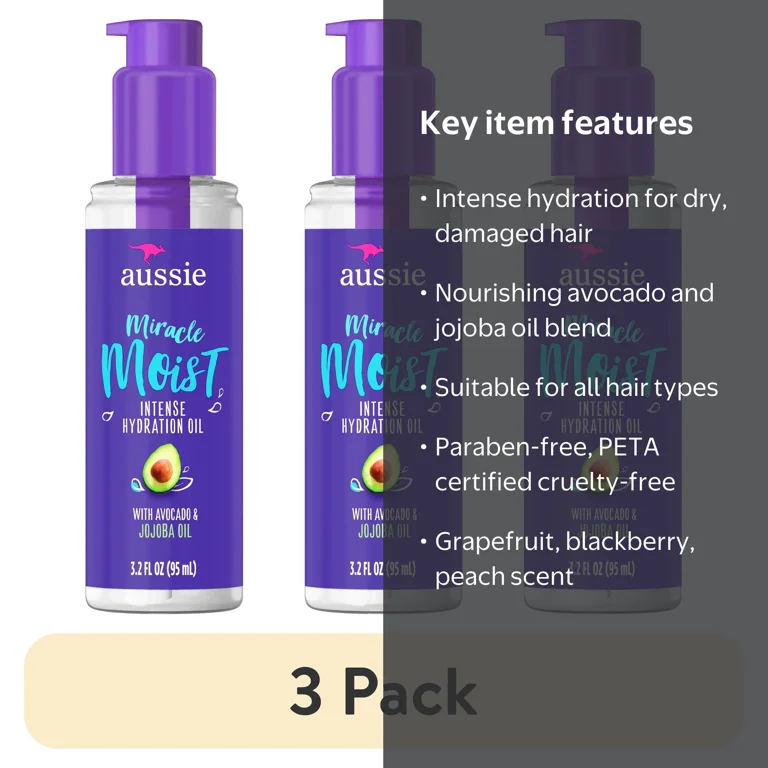 3 pack) Aussie Miracle Moist Intense Hydration Hair Oil with