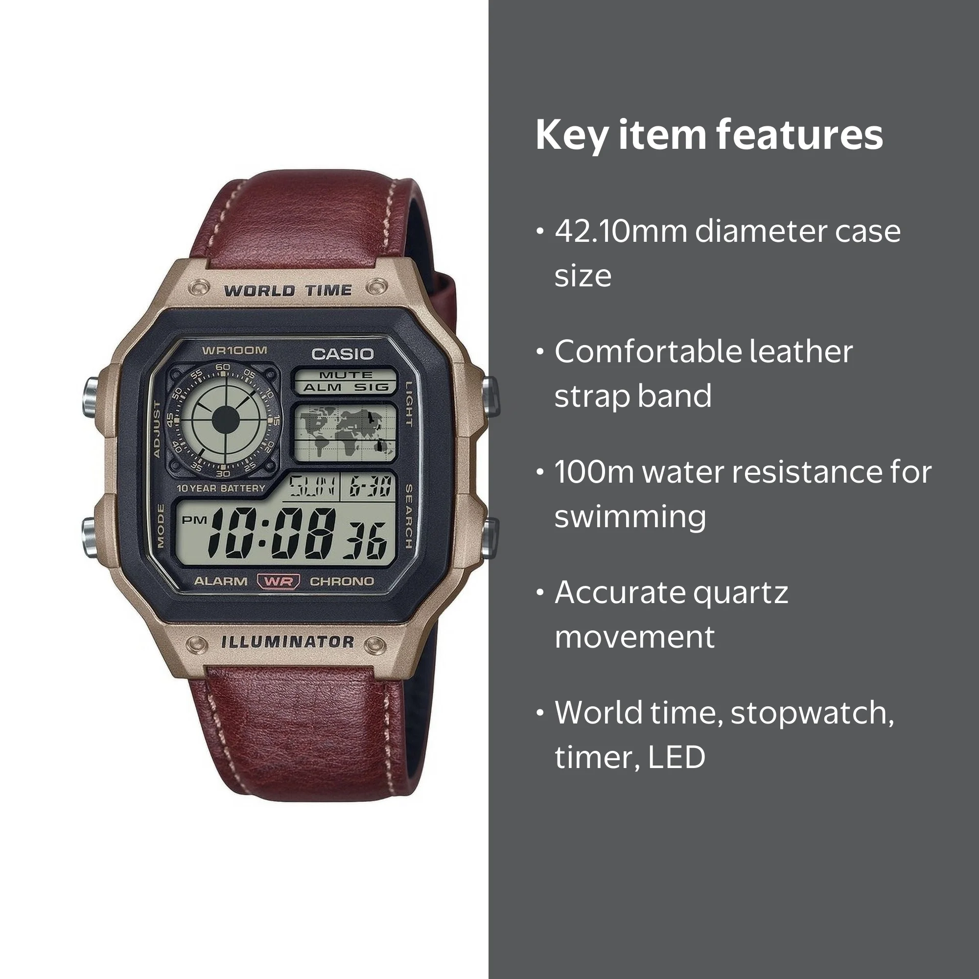 Casio Standard Digital World Time Leather Strap Quartz AE-1200WHL