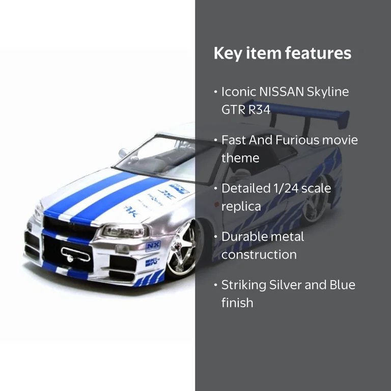 Jada Toys, Nissan Skyline GTR R34, 1/24 scale, Silver - Walmart.com