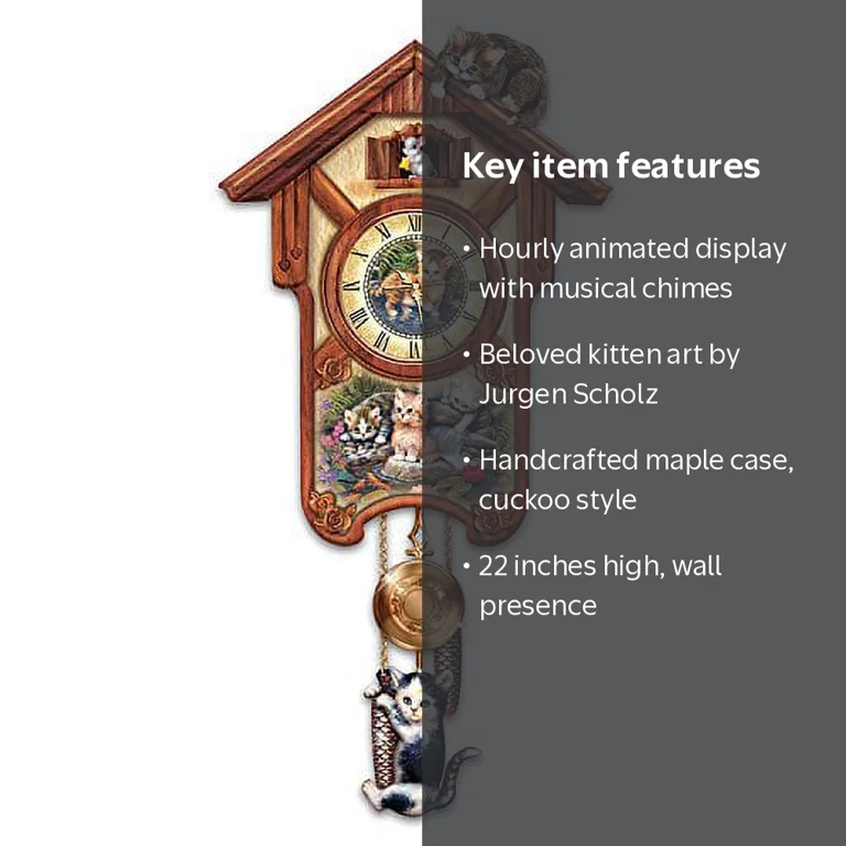 Bradford Exchange Quartz Kitten Art Indoor Cuckoo Clock, Pendulum