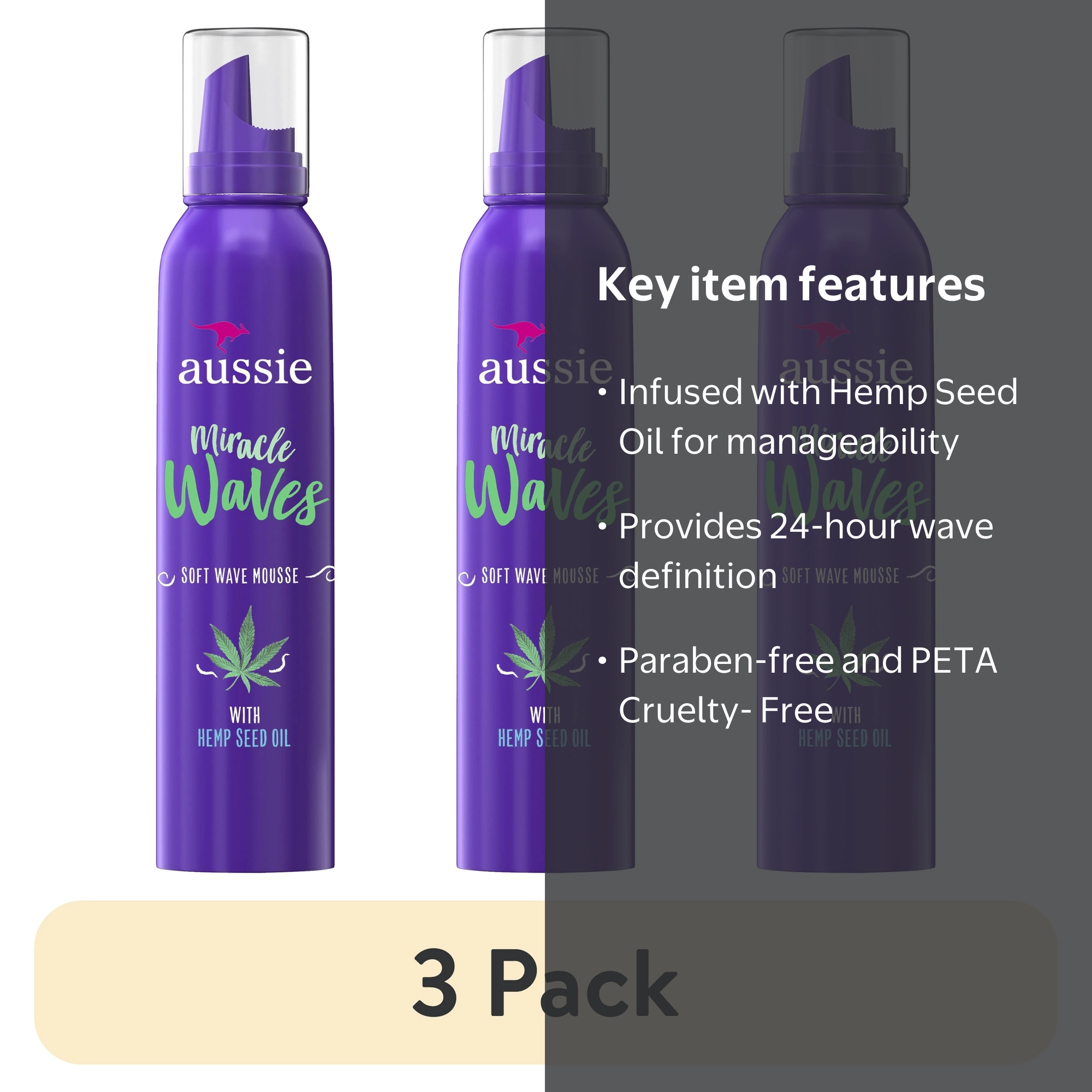 3 pack) Aussie Miracle Waves Soft Wave Mousse with Hemp Seed Oil