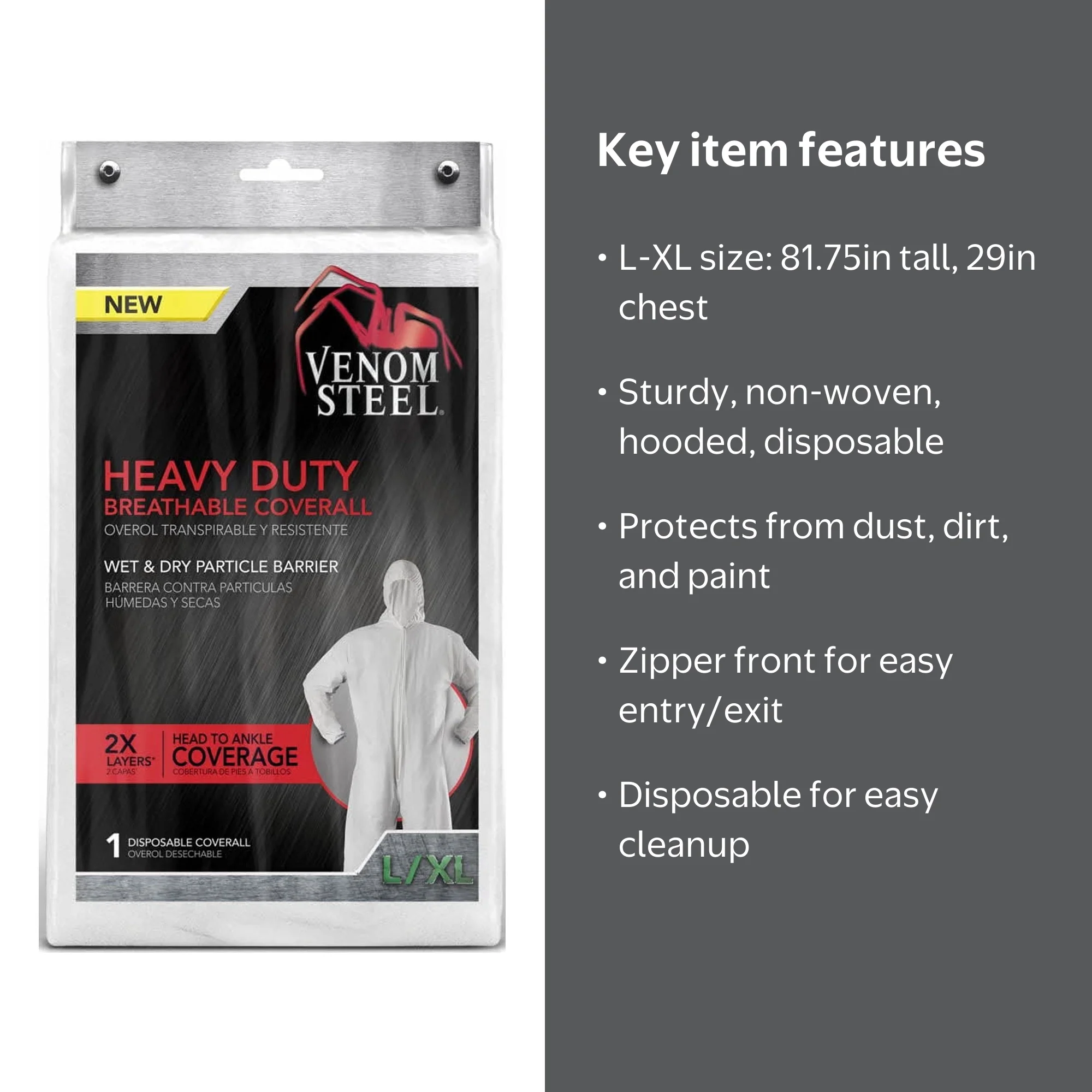 Venom Steel, Heavy-Duty Hooded Coverall, Large to XL, White