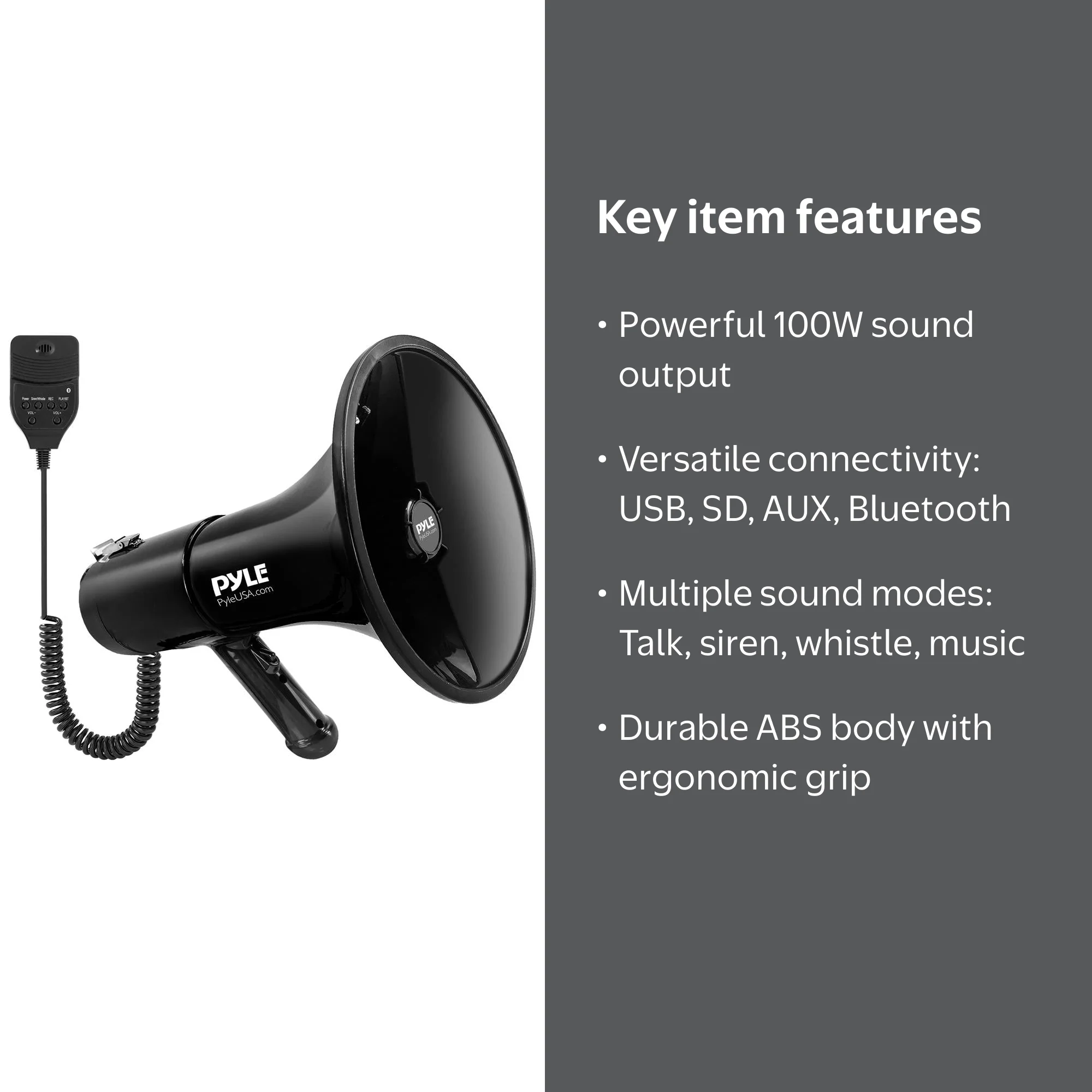 Pyle, Hand Megaphone, MIC/TALK/SIREN/WHISTLE/RECORD240s, 100 Watts