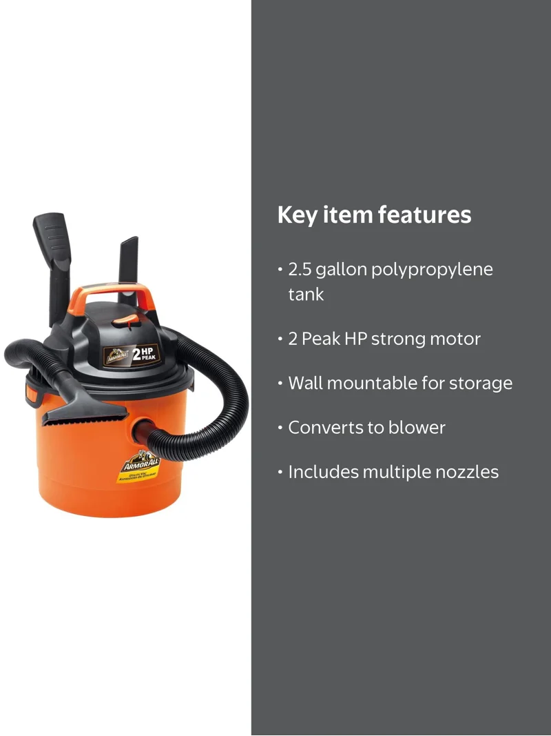 Armor All 2.5 Gallon Wet/Dry Vac, Portable Wall Mountable Small