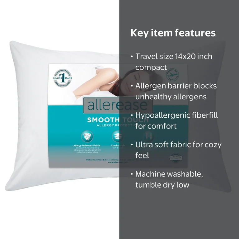 AllerEase Smooth Touch Travel Pillow, 14”x20” - Allergy Protection