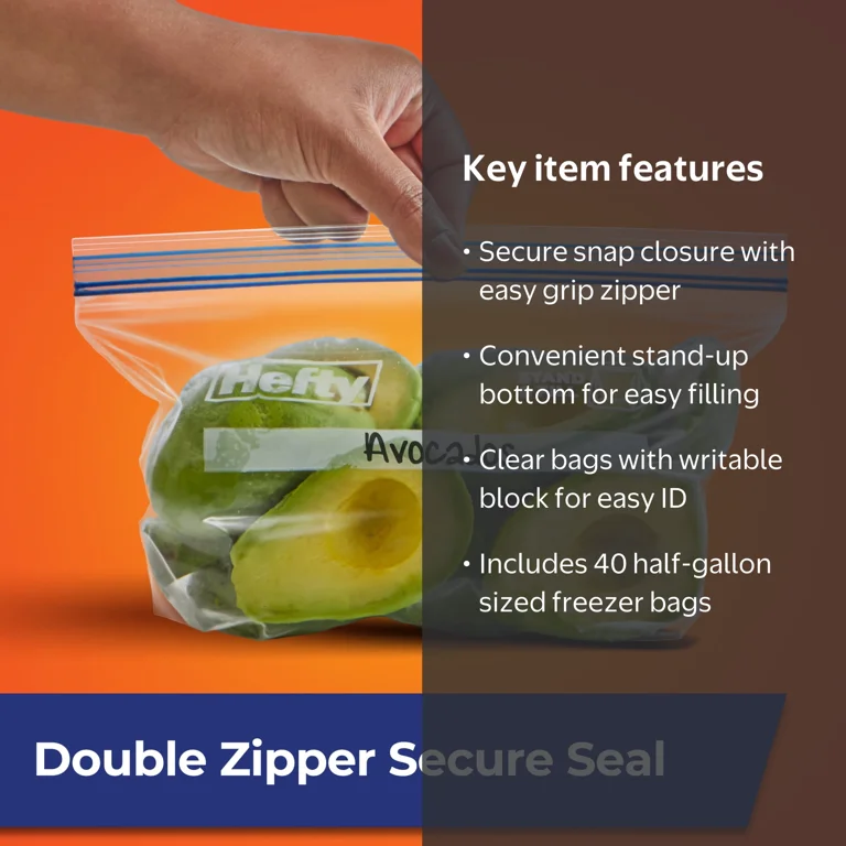 Hefty Press to Close Food Storage Zip Lock Freezer Bags, Half