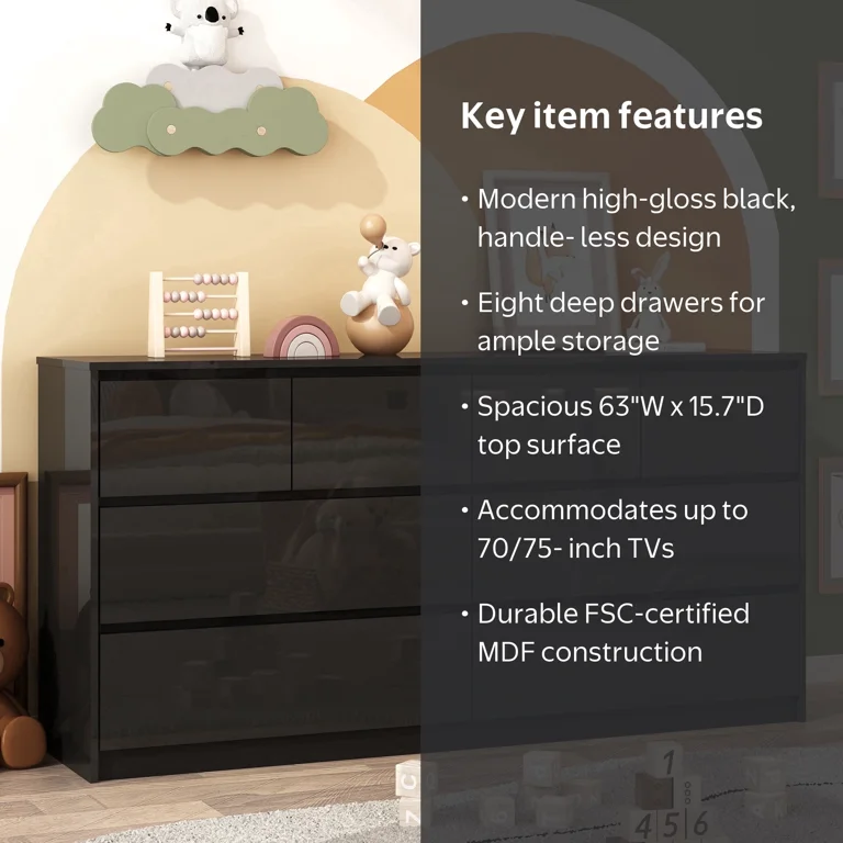 Blotout Black Malm Dresser for Bedroom, 63 inch Long Dresser Full High Gloss Dresser with 8 Drawers, Large Wood Chest of Drawer Handle Free, Dresser