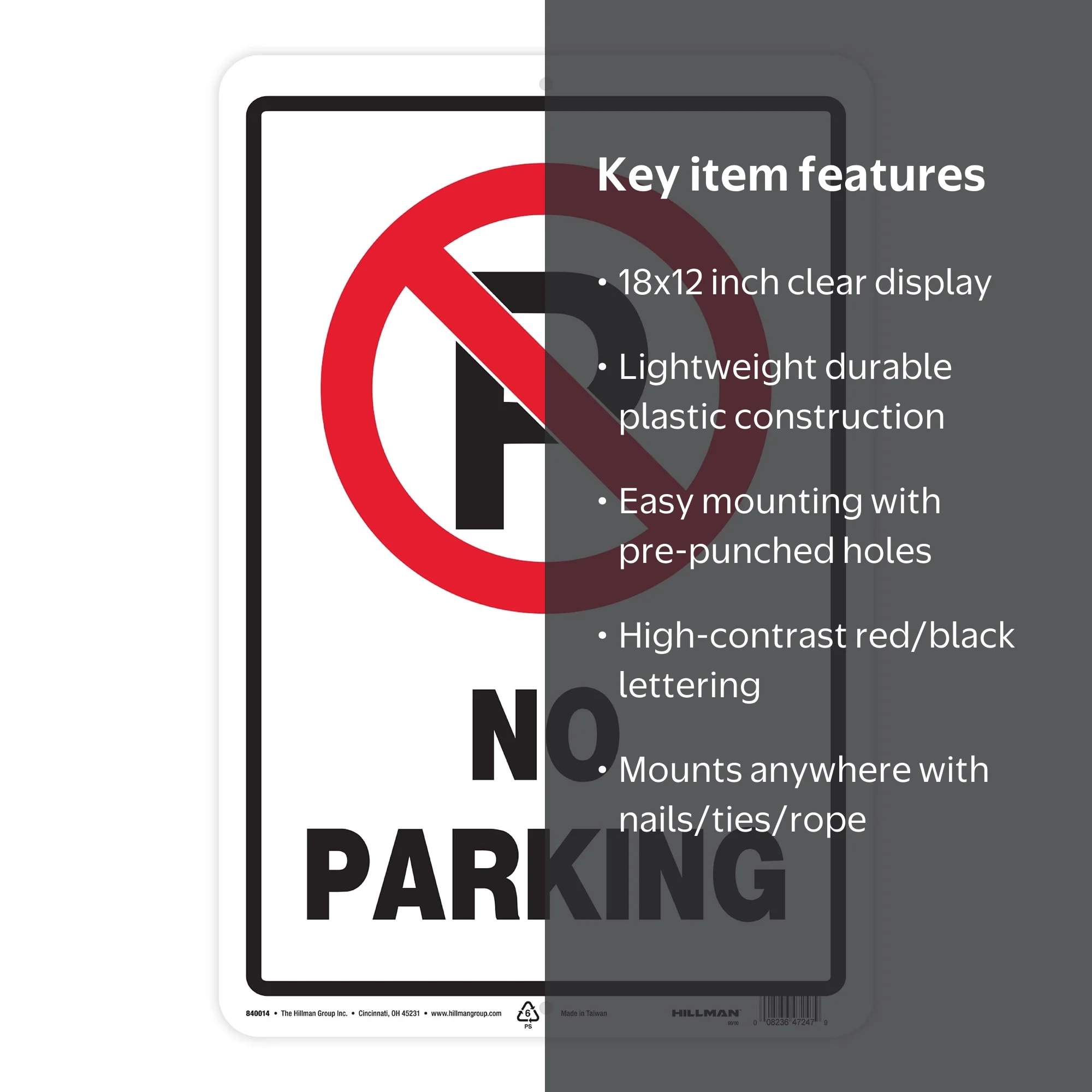 Hillman No Parking Sign, Plastic, 18 Hillman No Parking Sign, Plastic, 18
