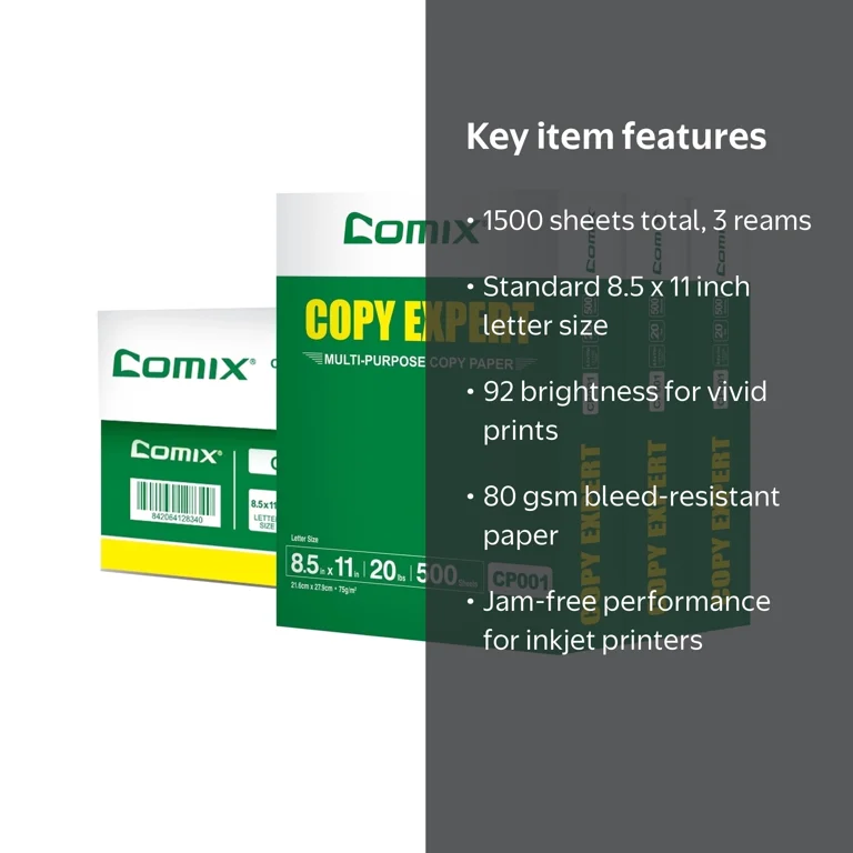 COMIX, Copy Paper, 8.5x11 inch, 20LB, 92 Bright, 1500 Sheets