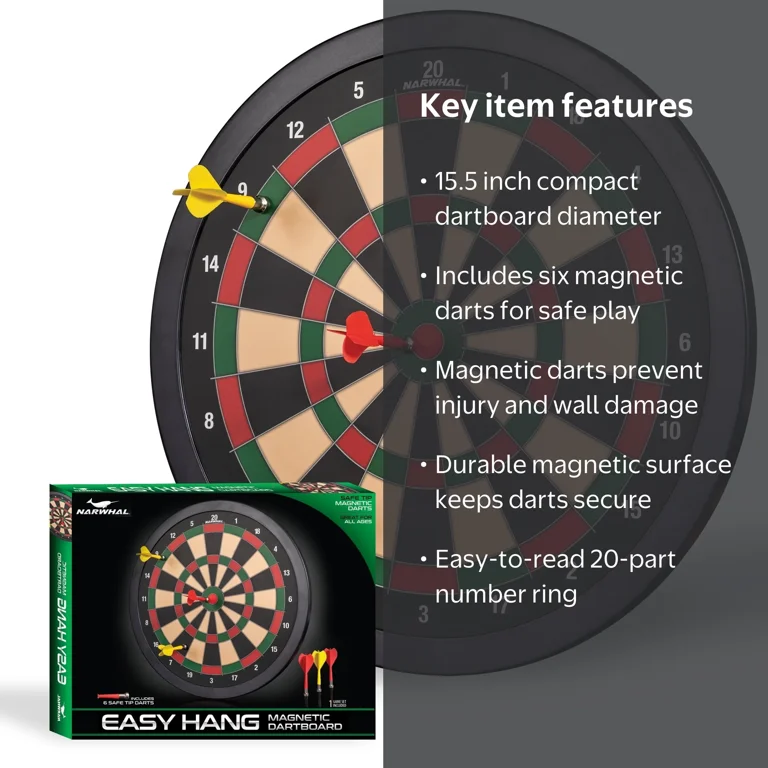 Narwhal, Magnetic Dartboard, 15.5 inches, Includes Six Magnetic