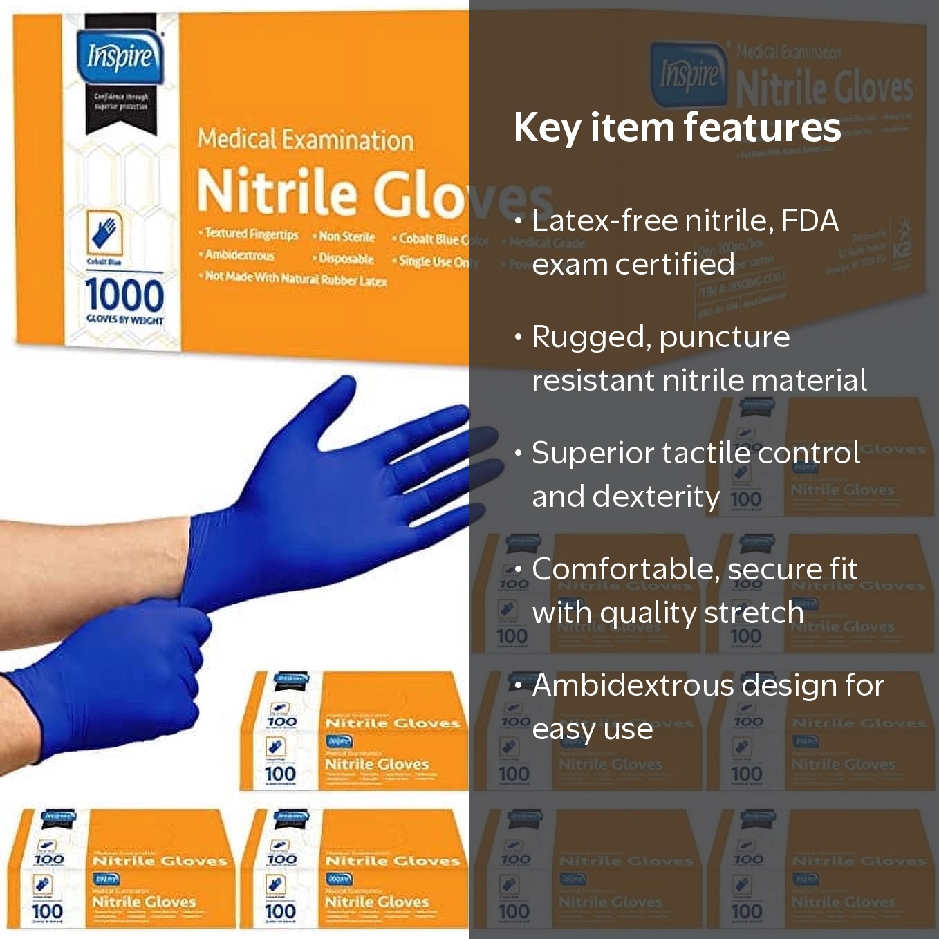 INSPIRE, Disposable Nitrile Gloves, Medium, Blue, Latex-Free
