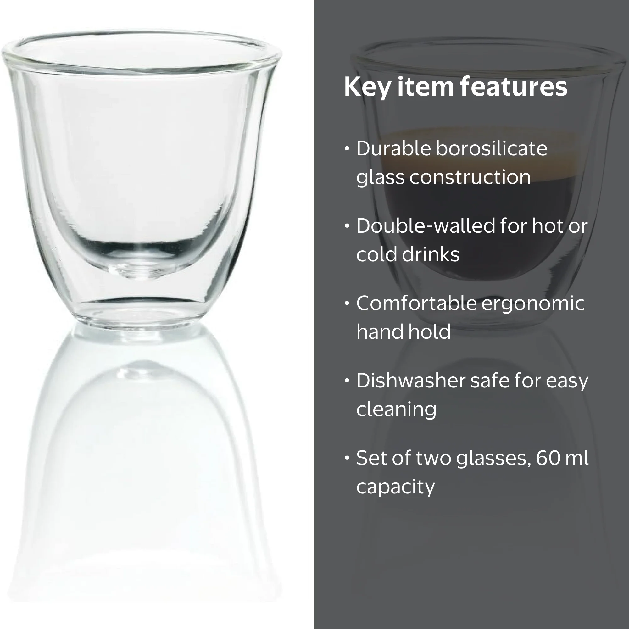 De'Longhi Double Walled Thermo Espresso Glasses, 60 ml Set of 2
