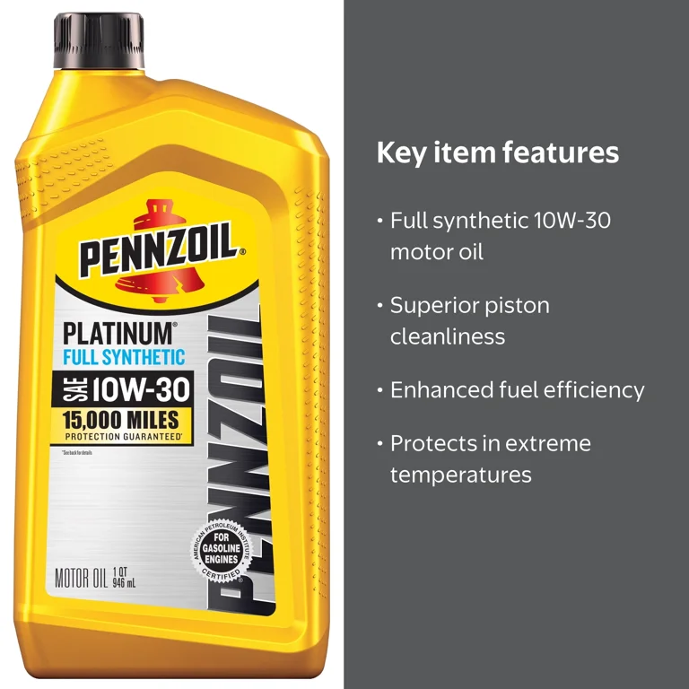 Pennzoil Platinum Full Synthetic 10W-30 Motor Oil, 1 Quart, Engine