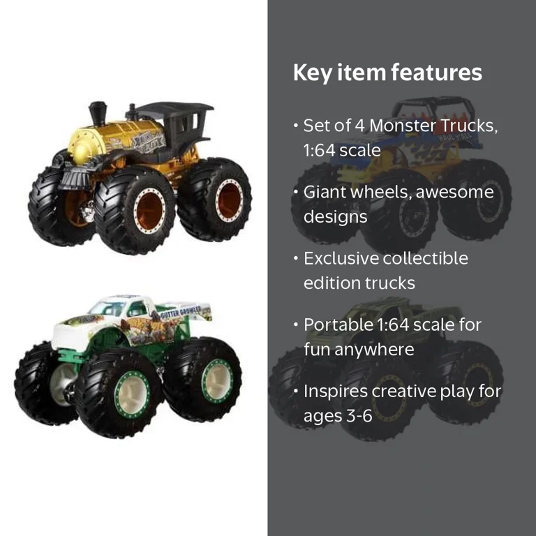 Hot Wheels, Monster Trucks, 4-pack of Toy Trucks, Collectible