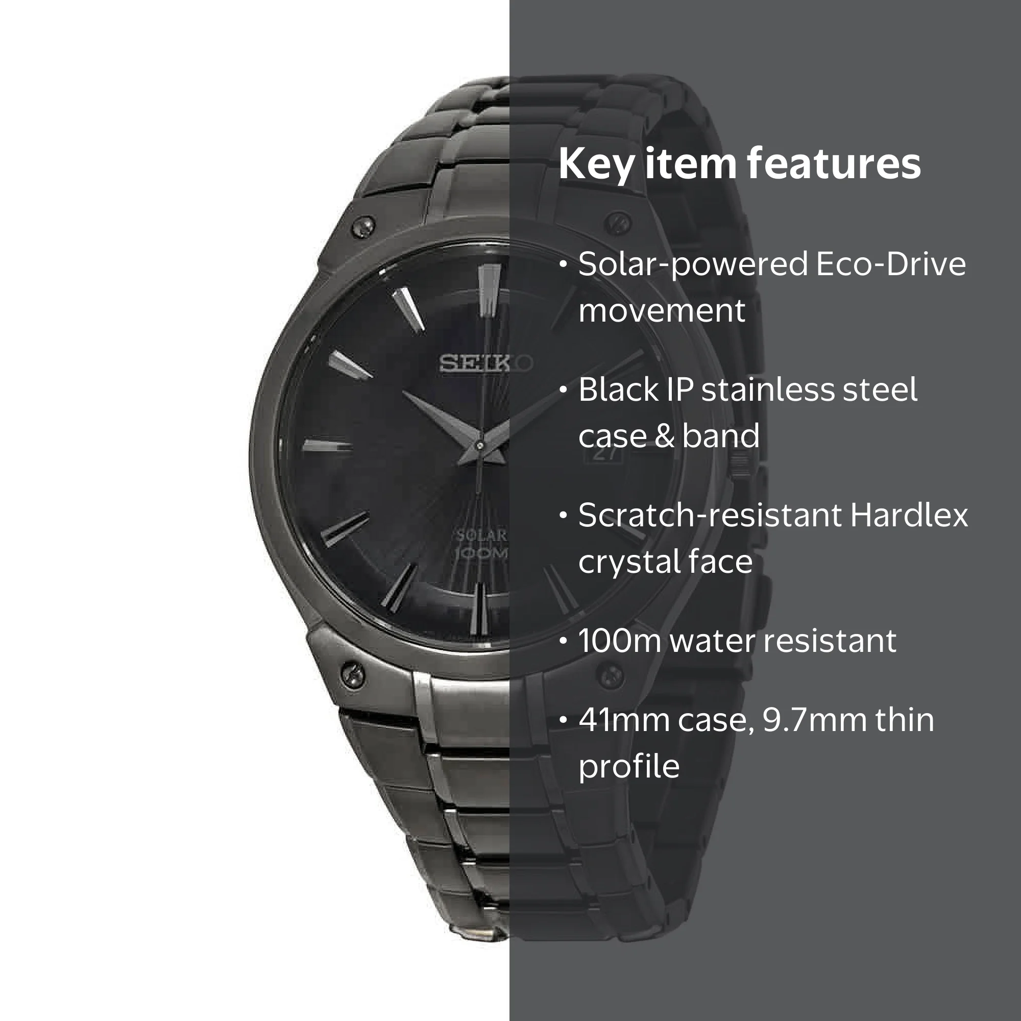 Seiko Men's SNE325 Solar Watch, Black Steel Bracelet, Eco-Drive