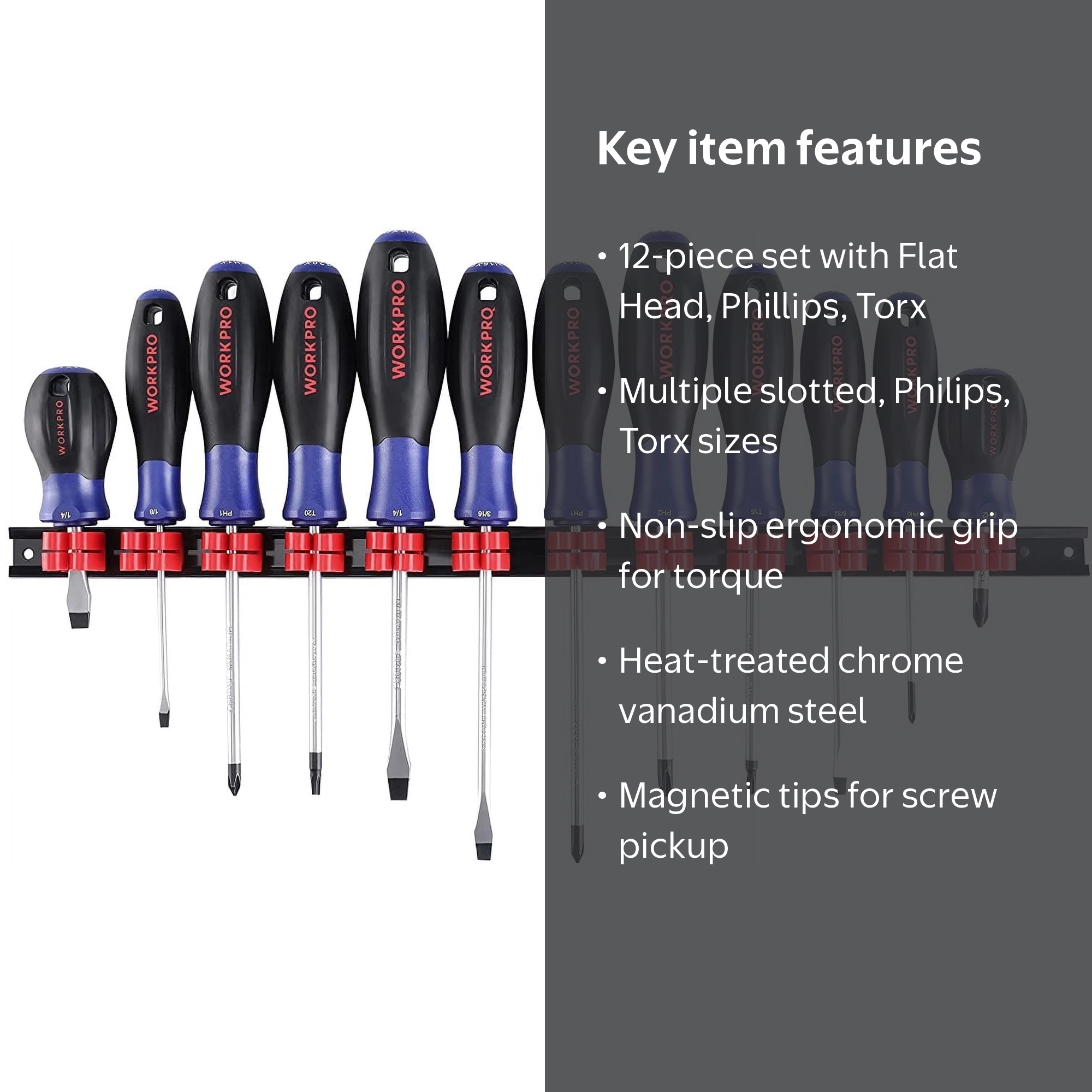 WORKPRO 12-Piece Magnetic Screwdriver Set, Flat/Slotted/Phillips